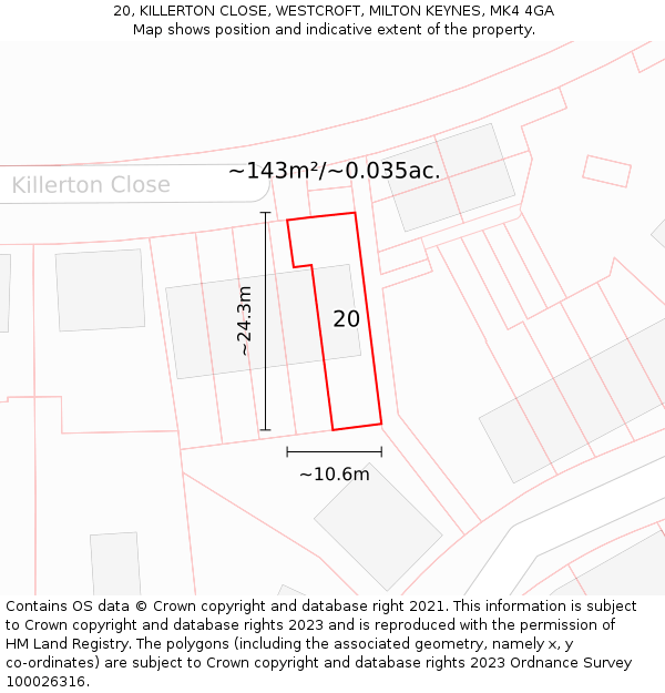 20, KILLERTON CLOSE, WESTCROFT, MILTON KEYNES, MK4 4GA: Plot and title map