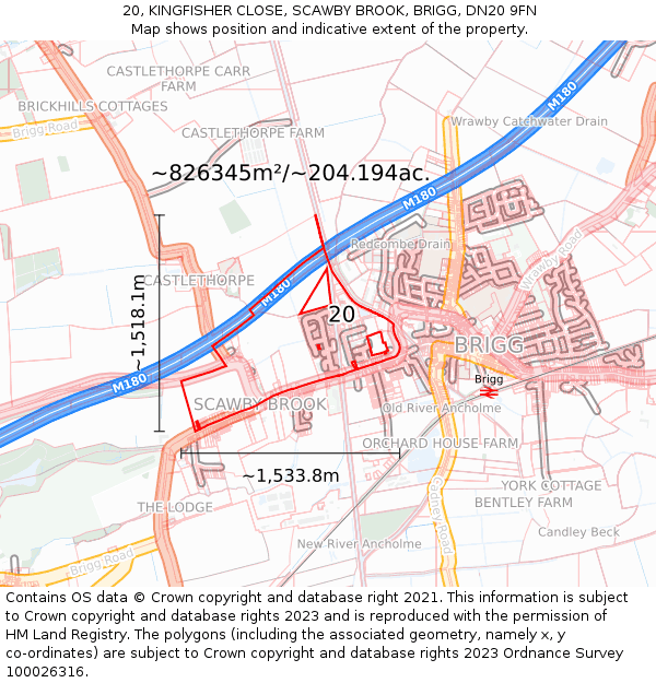 20, KINGFISHER CLOSE, SCAWBY BROOK, BRIGG, DN20 9FN: Plot and title map