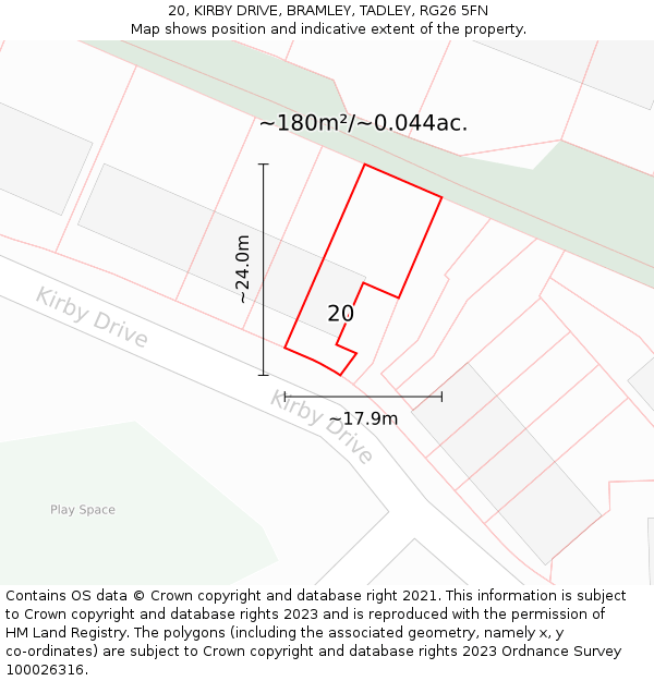 20, KIRBY DRIVE, BRAMLEY, TADLEY, RG26 5FN: Plot and title map