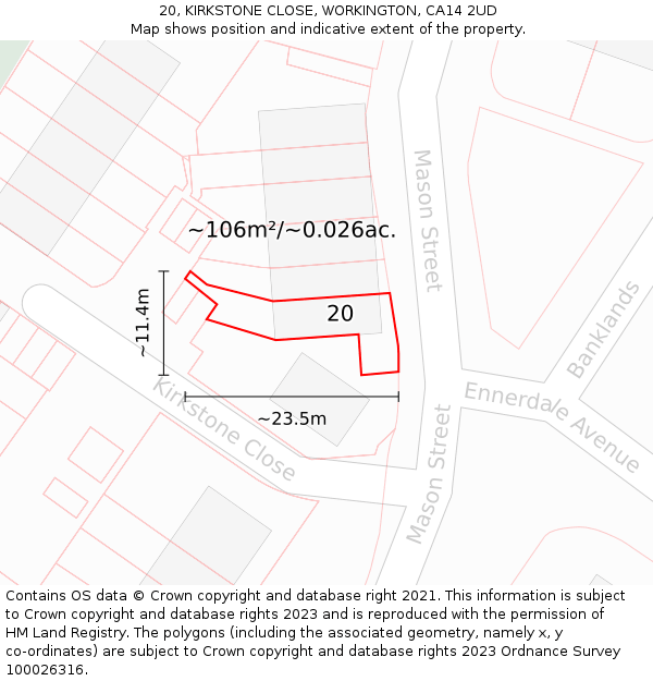 20, KIRKSTONE CLOSE, WORKINGTON, CA14 2UD: Plot and title map