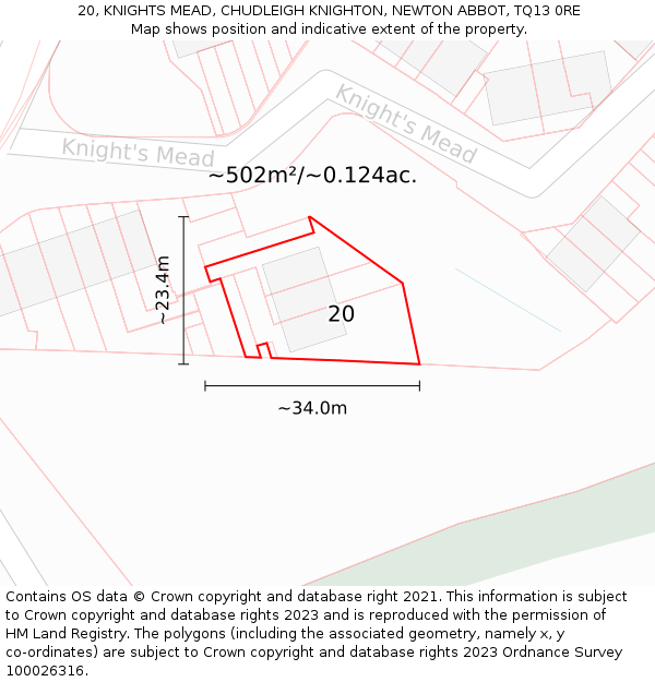 20, KNIGHTS MEAD, CHUDLEIGH KNIGHTON, NEWTON ABBOT, TQ13 0RE: Plot and title map