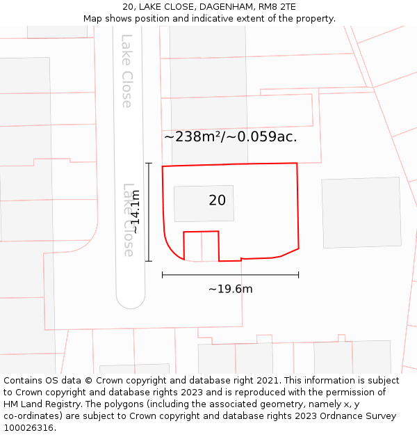 20, LAKE CLOSE, DAGENHAM, RM8 2TE: Plot and title map