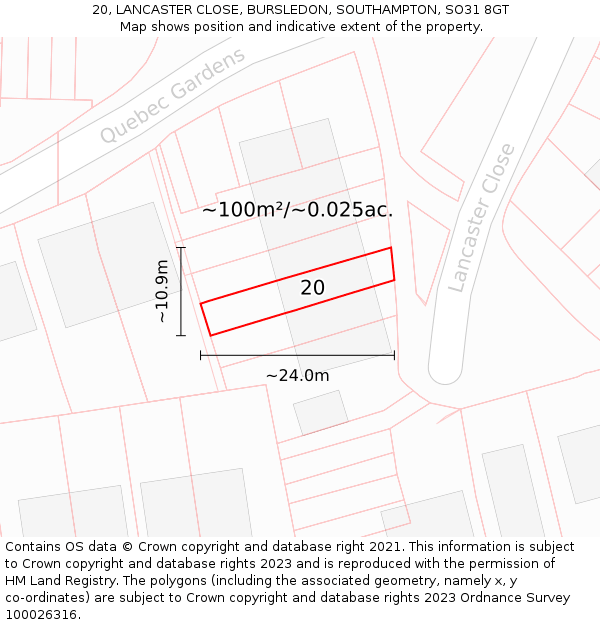 20, LANCASTER CLOSE, BURSLEDON, SOUTHAMPTON, SO31 8GT: Plot and title map