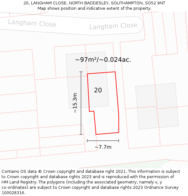 20, LANGHAM CLOSE, NORTH BADDESLEY, SOUTHAMPTON, SO52 9NT: Plot and title map