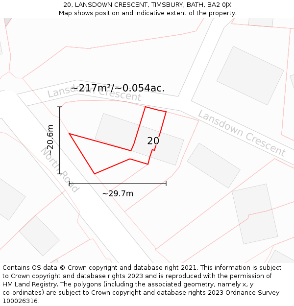20, LANSDOWN CRESCENT, TIMSBURY, BATH, BA2 0JX: Plot and title map