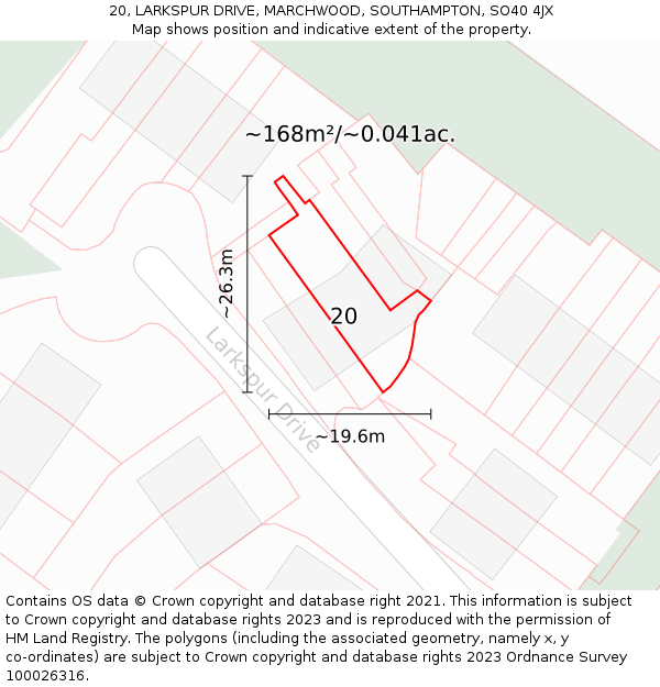 20, LARKSPUR DRIVE, MARCHWOOD, SOUTHAMPTON, SO40 4JX: Plot and title map