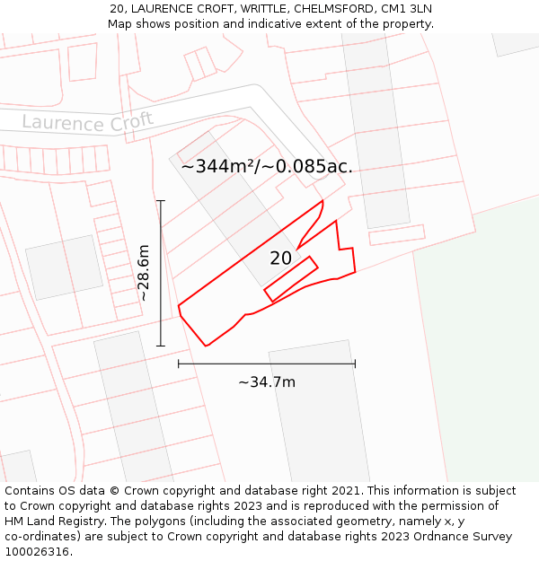 20, LAURENCE CROFT, WRITTLE, CHELMSFORD, CM1 3LN: Plot and title map