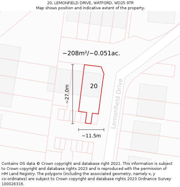 20, LEMONFIELD DRIVE, WATFORD, WD25 9TR: Plot and title map