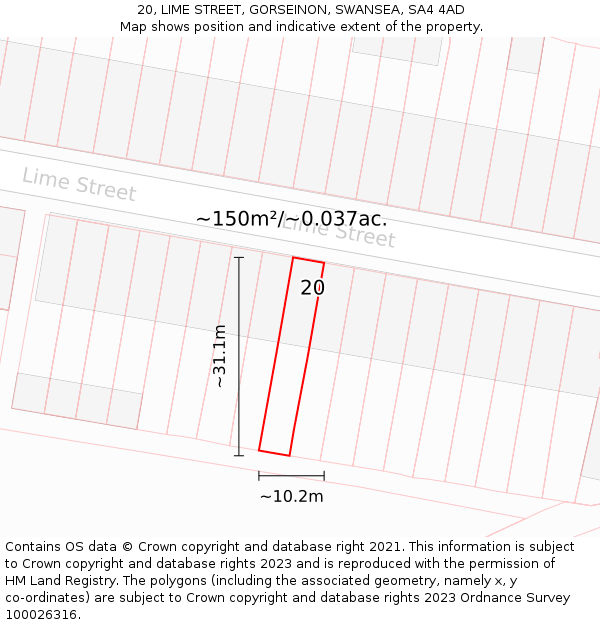 20, LIME STREET, GORSEINON, SWANSEA, SA4 4AD: Plot and title map
