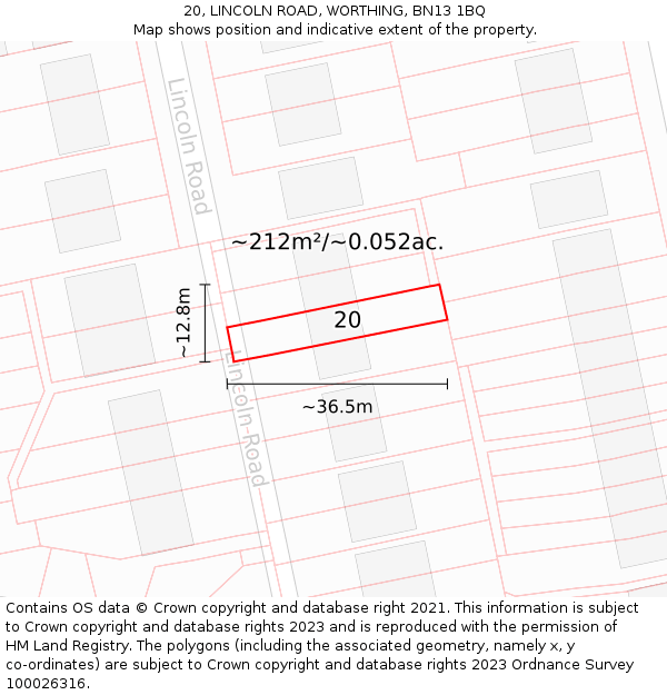 20, LINCOLN ROAD, WORTHING, BN13 1BQ: Plot and title map