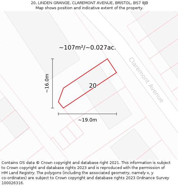 20, LINDEN GRANGE, CLAREMONT AVENUE, BRISTOL, BS7 8JB: Plot and title map