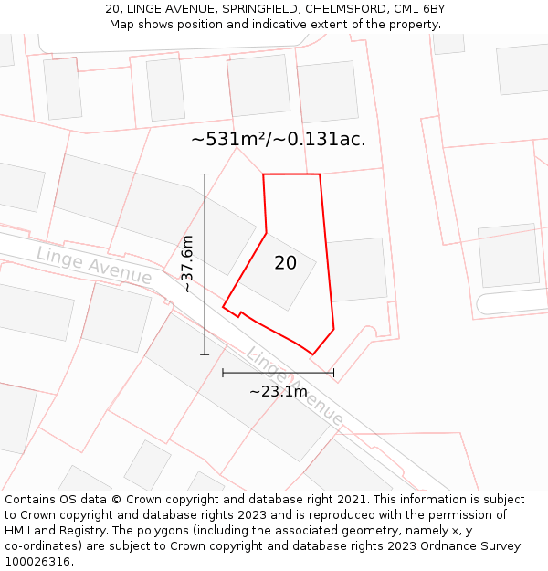 20, LINGE AVENUE, SPRINGFIELD, CHELMSFORD, CM1 6BY: Plot and title map