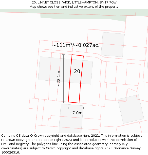 20, LINNET CLOSE, WICK, LITTLEHAMPTON, BN17 7GW: Plot and title map