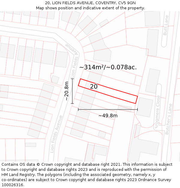 20, LION FIELDS AVENUE, COVENTRY, CV5 9GN: Plot and title map