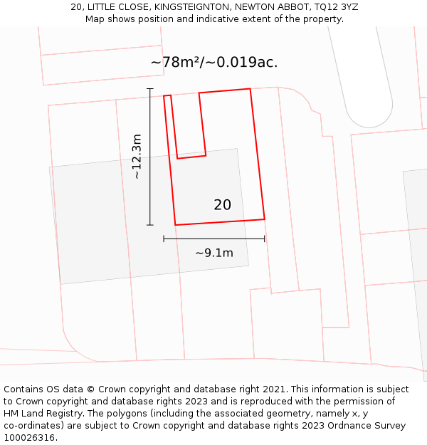 20, LITTLE CLOSE, KINGSTEIGNTON, NEWTON ABBOT, TQ12 3YZ: Plot and title map