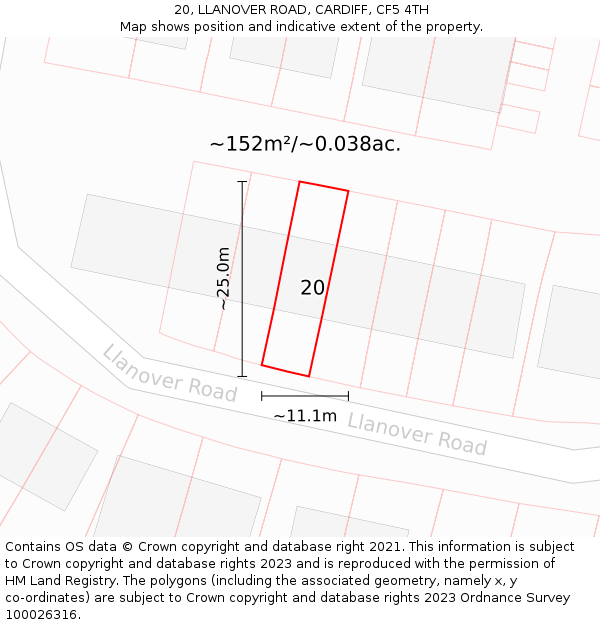 20, LLANOVER ROAD, CARDIFF, CF5 4TH: Plot and title map