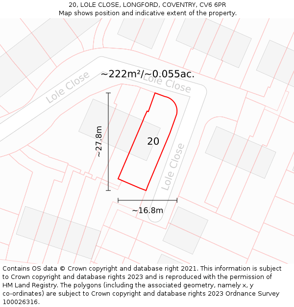 20, LOLE CLOSE, LONGFORD, COVENTRY, CV6 6PR: Plot and title map