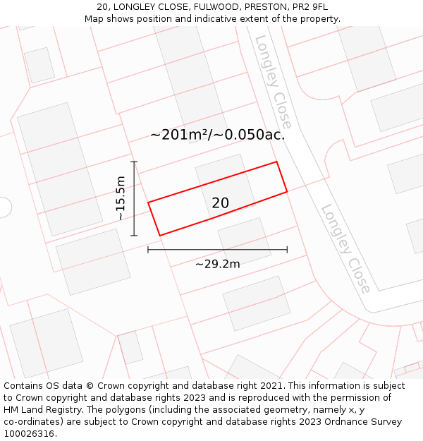 20, LONGLEY CLOSE, FULWOOD, PRESTON, PR2 9FL: Plot and title map