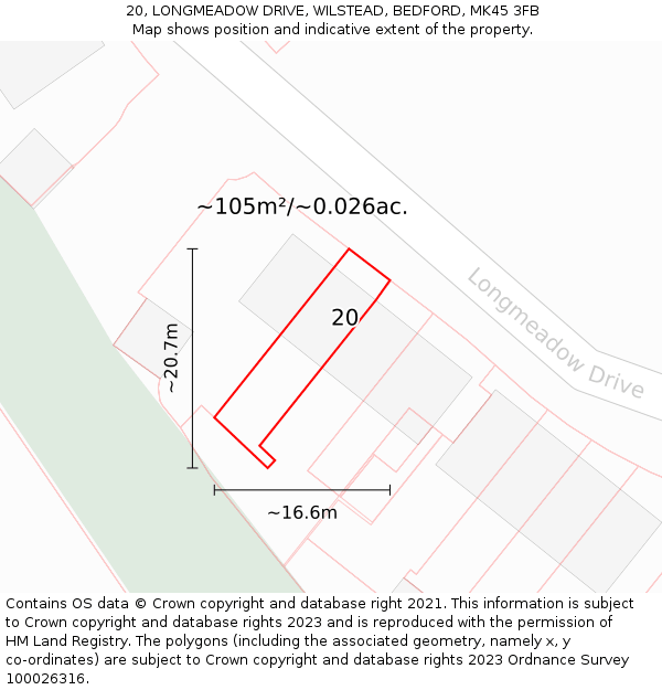 20, LONGMEADOW DRIVE, WILSTEAD, BEDFORD, MK45 3FB: Plot and title map