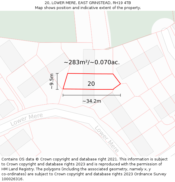 20, LOWER MERE, EAST GRINSTEAD, RH19 4TB: Plot and title map