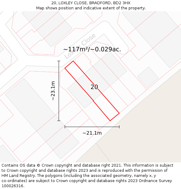 20, LOXLEY CLOSE, BRADFORD, BD2 3HX: Plot and title map