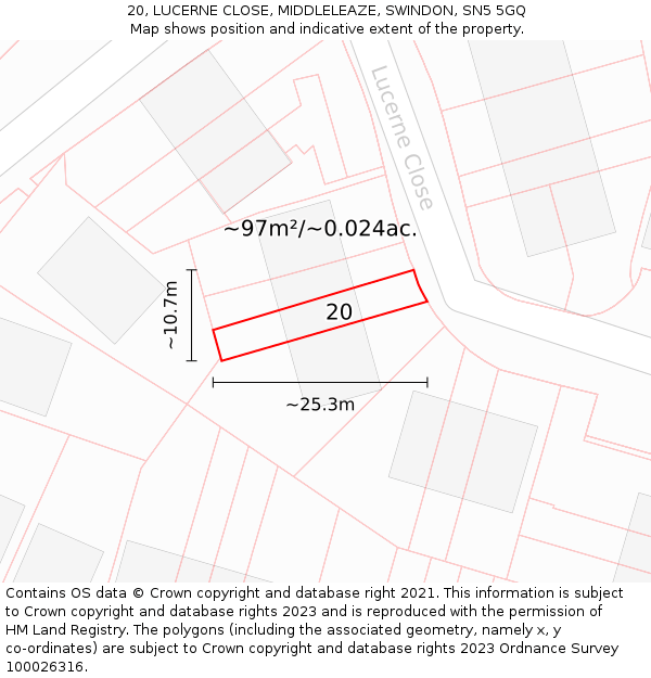 20, LUCERNE CLOSE, MIDDLELEAZE, SWINDON, SN5 5GQ: Plot and title map