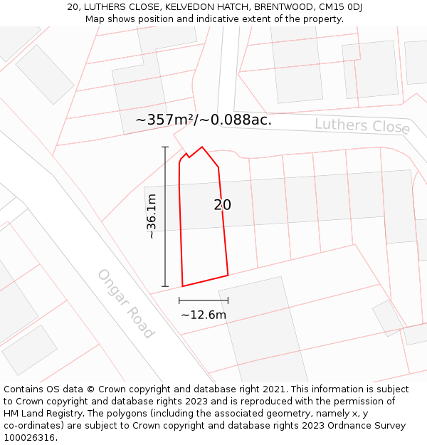 20, LUTHERS CLOSE, KELVEDON HATCH, BRENTWOOD, CM15 0DJ: Plot and title map