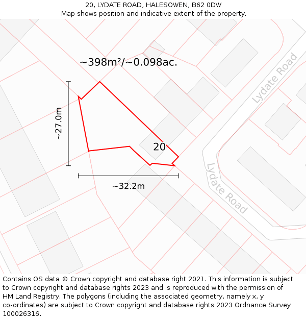 20, LYDATE ROAD, HALESOWEN, B62 0DW: Plot and title map