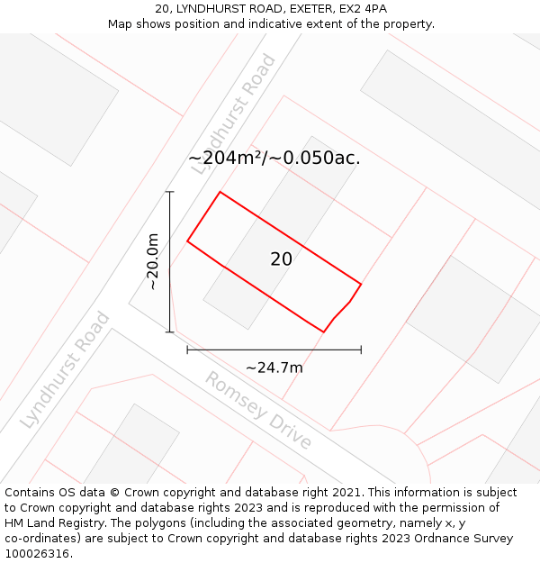 20, LYNDHURST ROAD, EXETER, EX2 4PA: Plot and title map