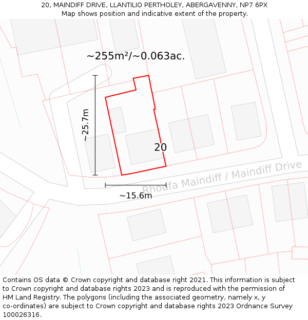 20, MAINDIFF DRIVE, LLANTILIO PERTHOLEY, ABERGAVENNY, NP7 6PX: Plot and title map