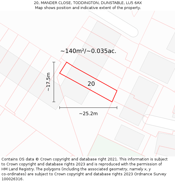20, MANDER CLOSE, TODDINGTON, DUNSTABLE, LU5 6AX: Plot and title map