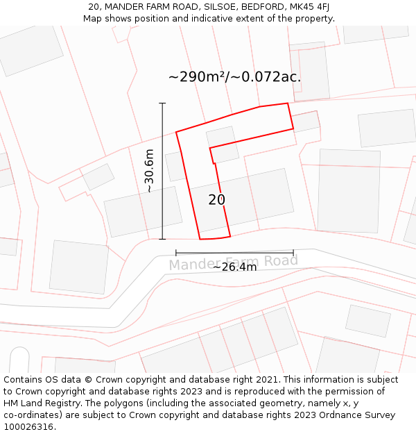 20, MANDER FARM ROAD, SILSOE, BEDFORD, MK45 4FJ: Plot and title map