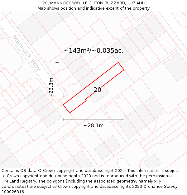 20, MANNOCK WAY, LEIGHTON BUZZARD, LU7 4HU: Plot and title map