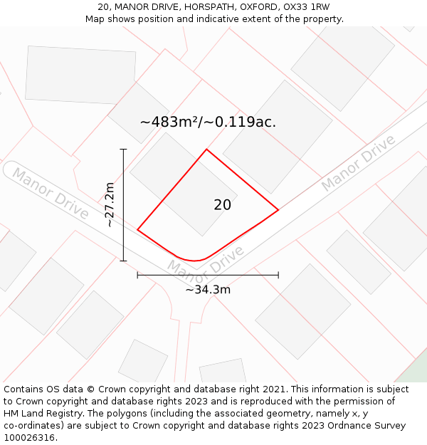 20, MANOR DRIVE, HORSPATH, OXFORD, OX33 1RW: Plot and title map