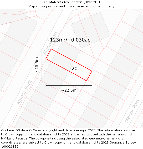 20, MANOR PARK, BRISTOL, BS6 7HH: Plot and title map