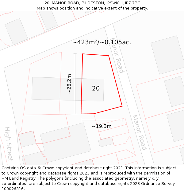 20, MANOR ROAD, BILDESTON, IPSWICH, IP7 7BG: Plot and title map