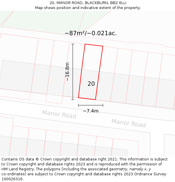 20, MANOR ROAD, BLACKBURN, BB2 6LU: Plot and title map