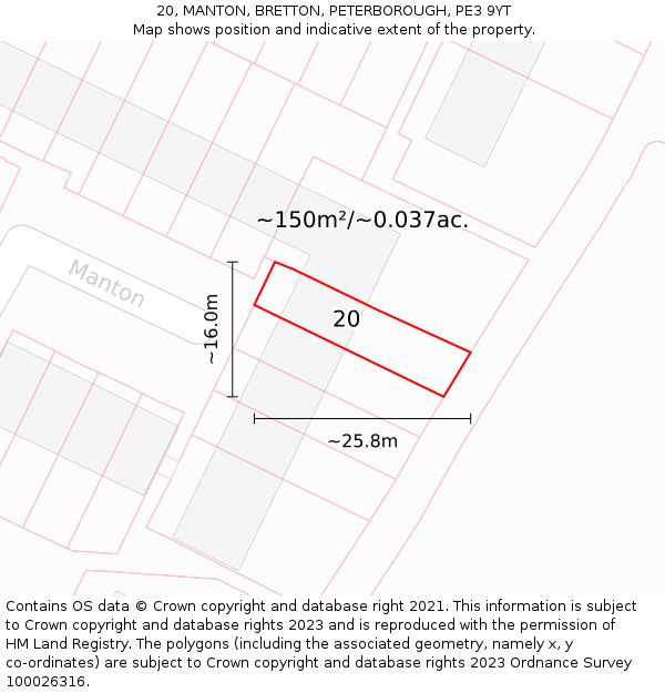 20, MANTON, BRETTON, PETERBOROUGH, PE3 9YT: Plot and title map