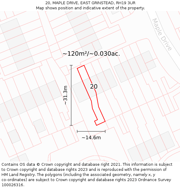 20, MAPLE DRIVE, EAST GRINSTEAD, RH19 3UR: Plot and title map