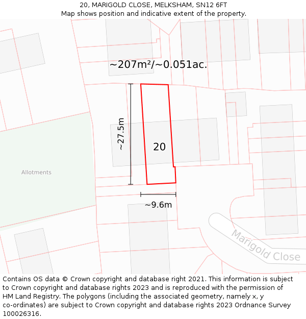 20, MARIGOLD CLOSE, MELKSHAM, SN12 6FT: Plot and title map