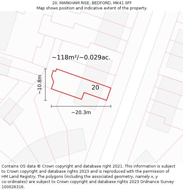 20, MARKHAM RISE, BEDFORD, MK41 0FF: Plot and title map