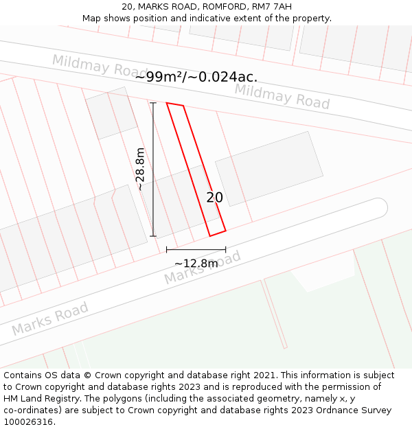 20, MARKS ROAD, ROMFORD, RM7 7AH: Plot and title map