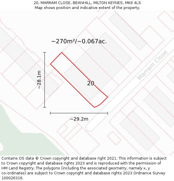 20, MARRAM CLOSE, BEANHILL, MILTON KEYNES, MK6 4LS: Plot and title map