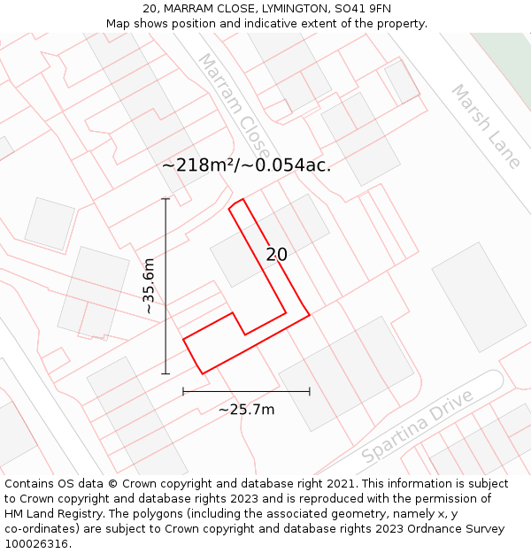 20, MARRAM CLOSE, LYMINGTON, SO41 9FN: Plot and title map