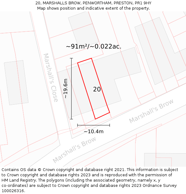 20, MARSHALLS BROW, PENWORTHAM, PRESTON, PR1 9HY: Plot and title map