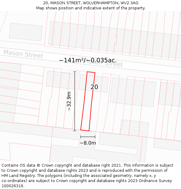 20, MASON STREET, WOLVERHAMPTON, WV2 3AG: Plot and title map