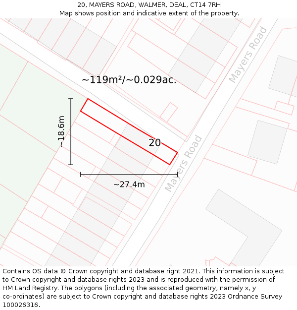 20, MAYERS ROAD, WALMER, DEAL, CT14 7RH: Plot and title map