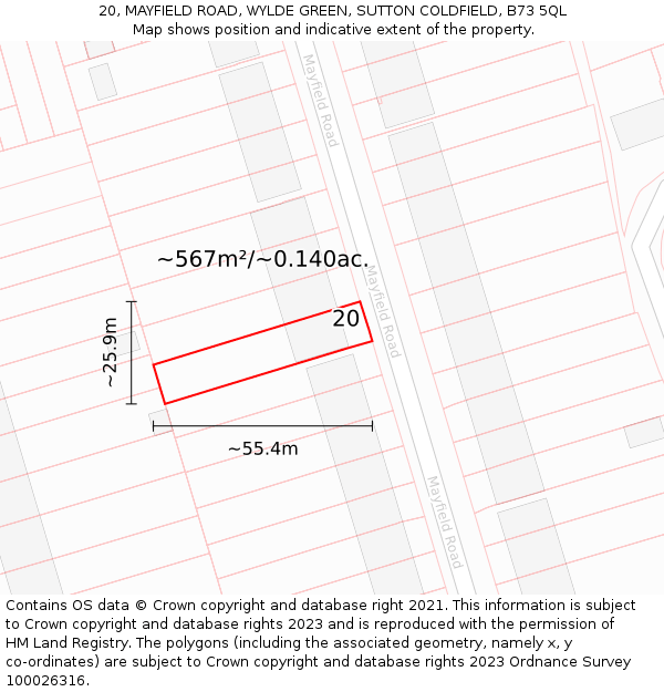 20, MAYFIELD ROAD, WYLDE GREEN, SUTTON COLDFIELD, B73 5QL: Plot and title map