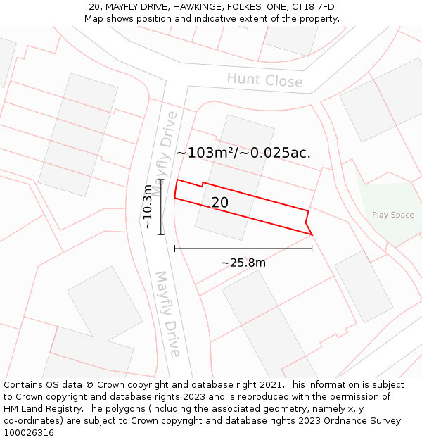 20, MAYFLY DRIVE, HAWKINGE, FOLKESTONE, CT18 7FD: Plot and title map