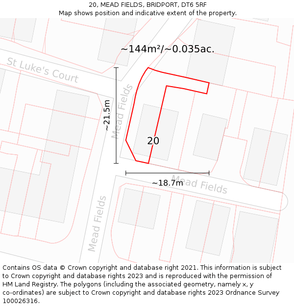 20, MEAD FIELDS, BRIDPORT, DT6 5RF: Plot and title map